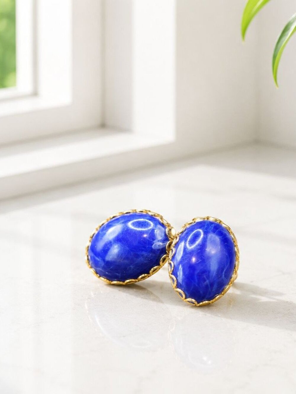 Vintage Gold-Tone Oval Clip-On Earrings With Blue Cabochon Stones